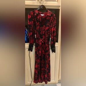 Chico's Red and Black Scroll Long Sleeve Maxi Dress with Belt Sz. 16